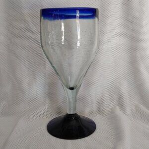 Hand Blown Wine Glass - Cobalt Blue Rim & Base